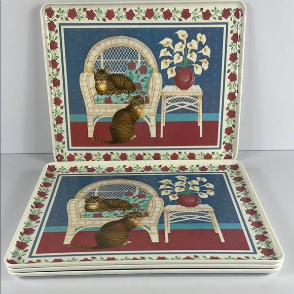 Design Imports Melamine Dinner Trays Cats Wicker Chairs Flowers Set of 4 - Picture 1 of 10